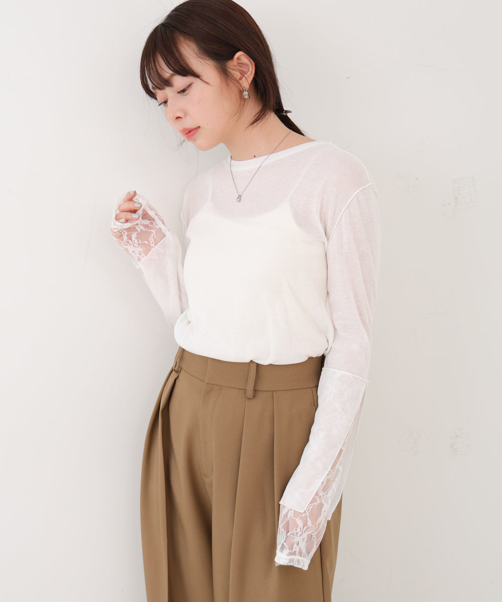 袖レースシアーリブレイヤードプルオーバー