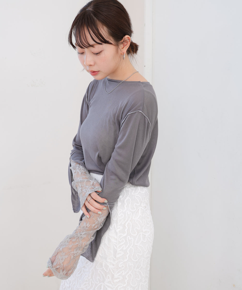 袖レースシアーリブレイヤードプルオーバー