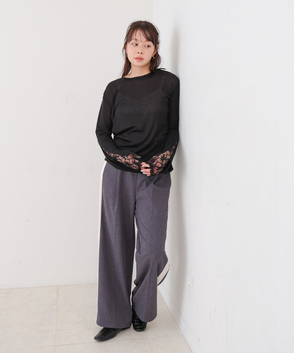 袖レースシアーリブレイヤードプルオーバー