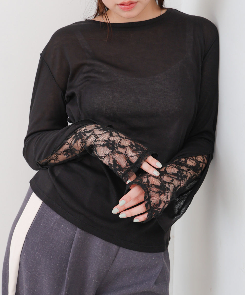 袖レースシアーリブレイヤードプルオーバー