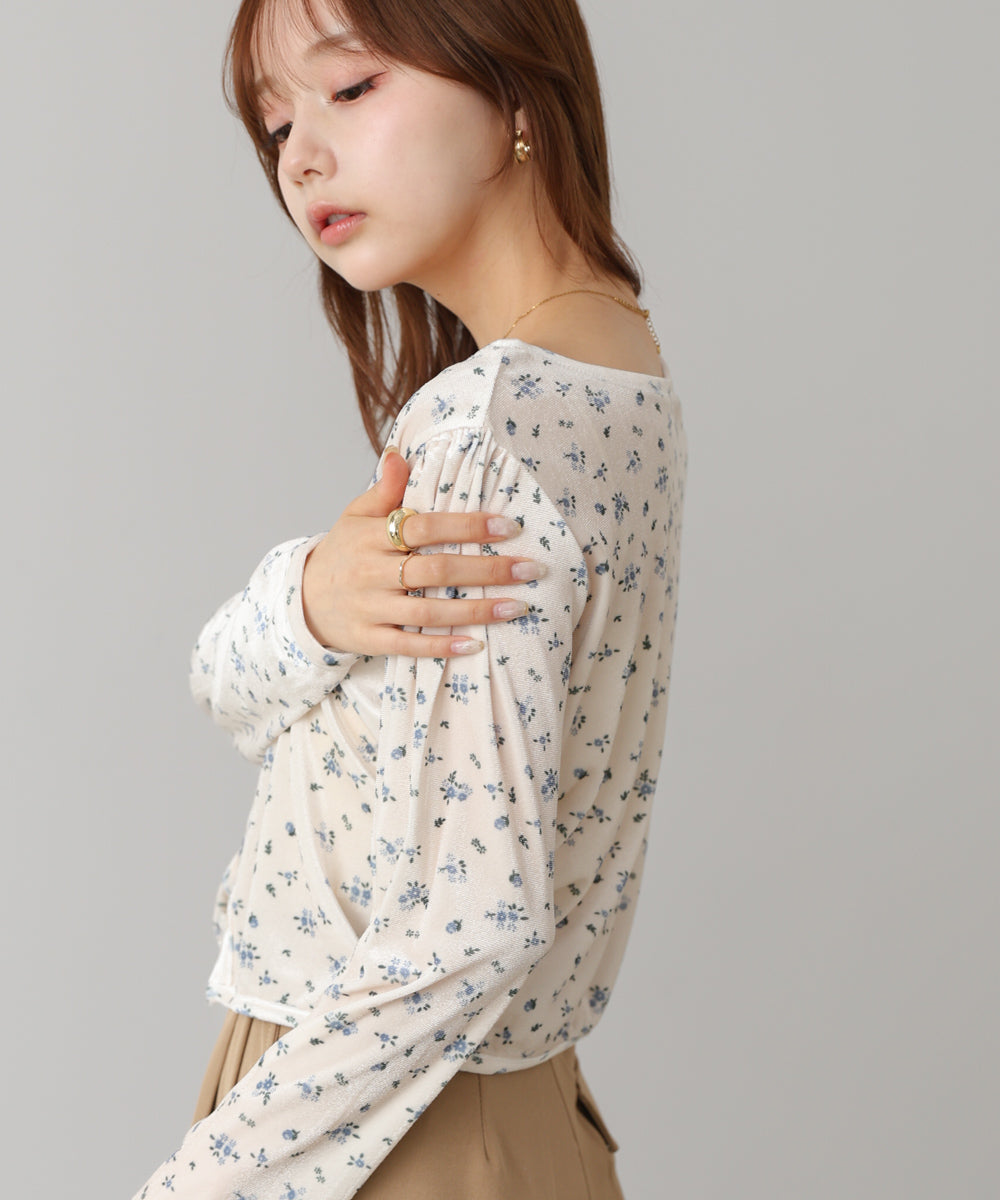 ベロアフラワープリントカーディガントップス