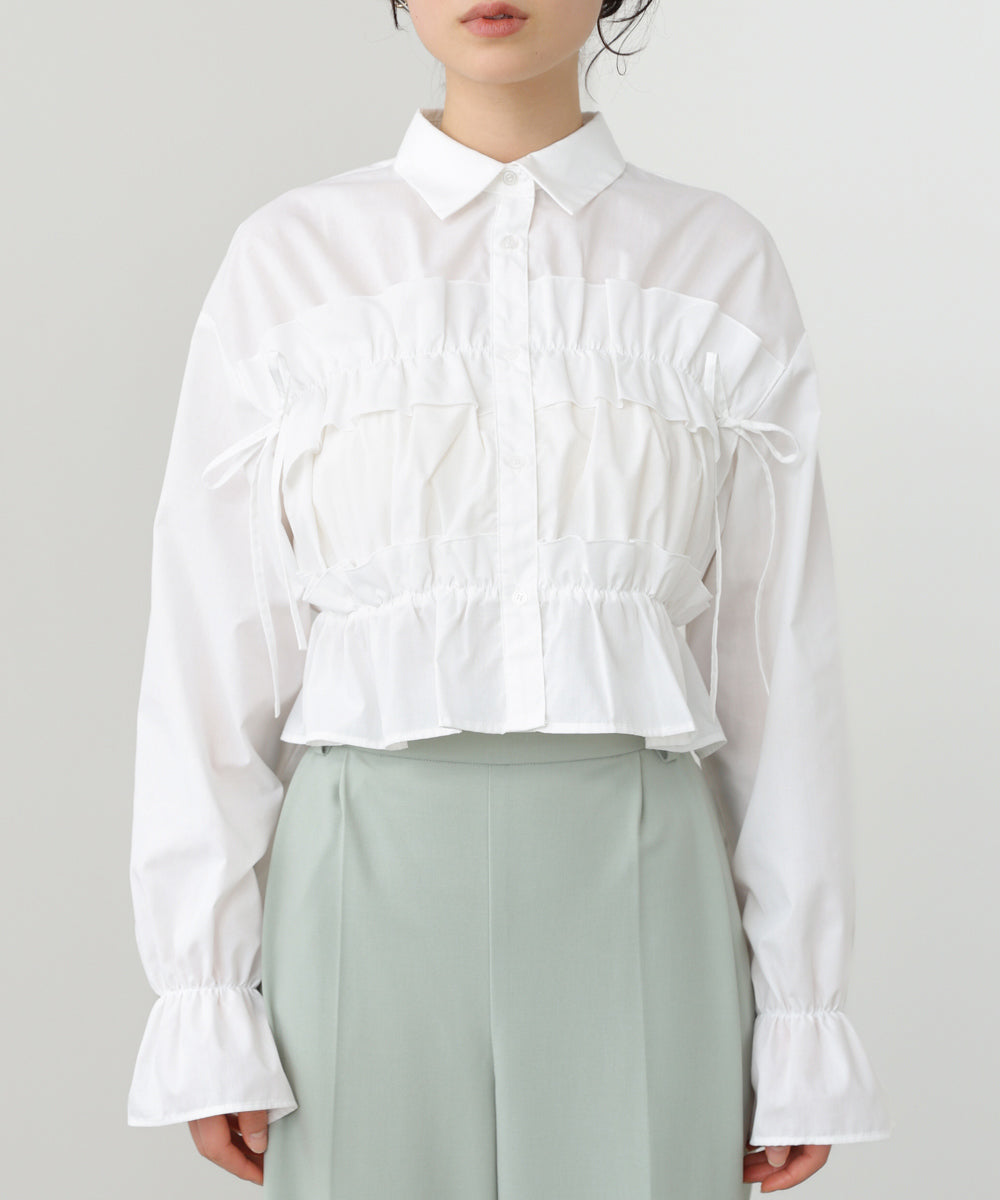 シャーリングリボンショートブラウス