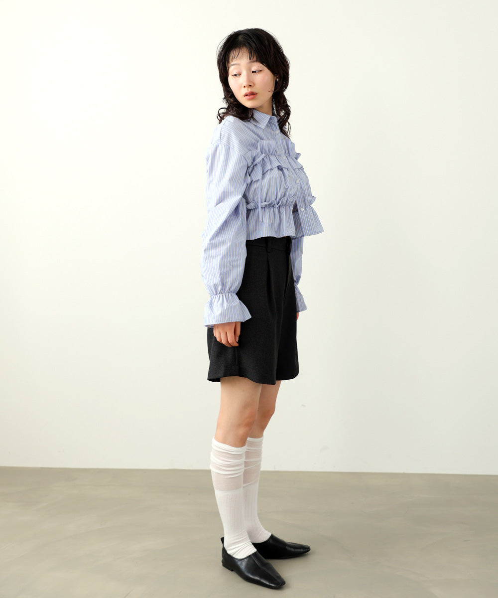 シャーリングリボンショートブラウス