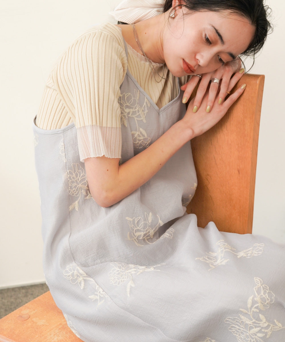 シアー使い5分袖リブニットトップス