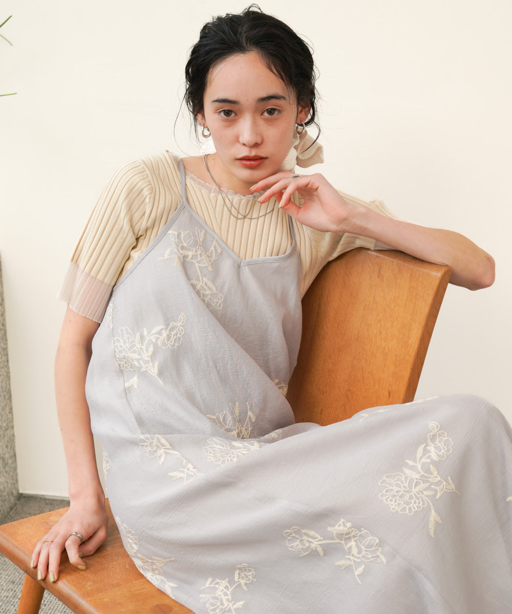 シアー使い5分袖リブニットトップス