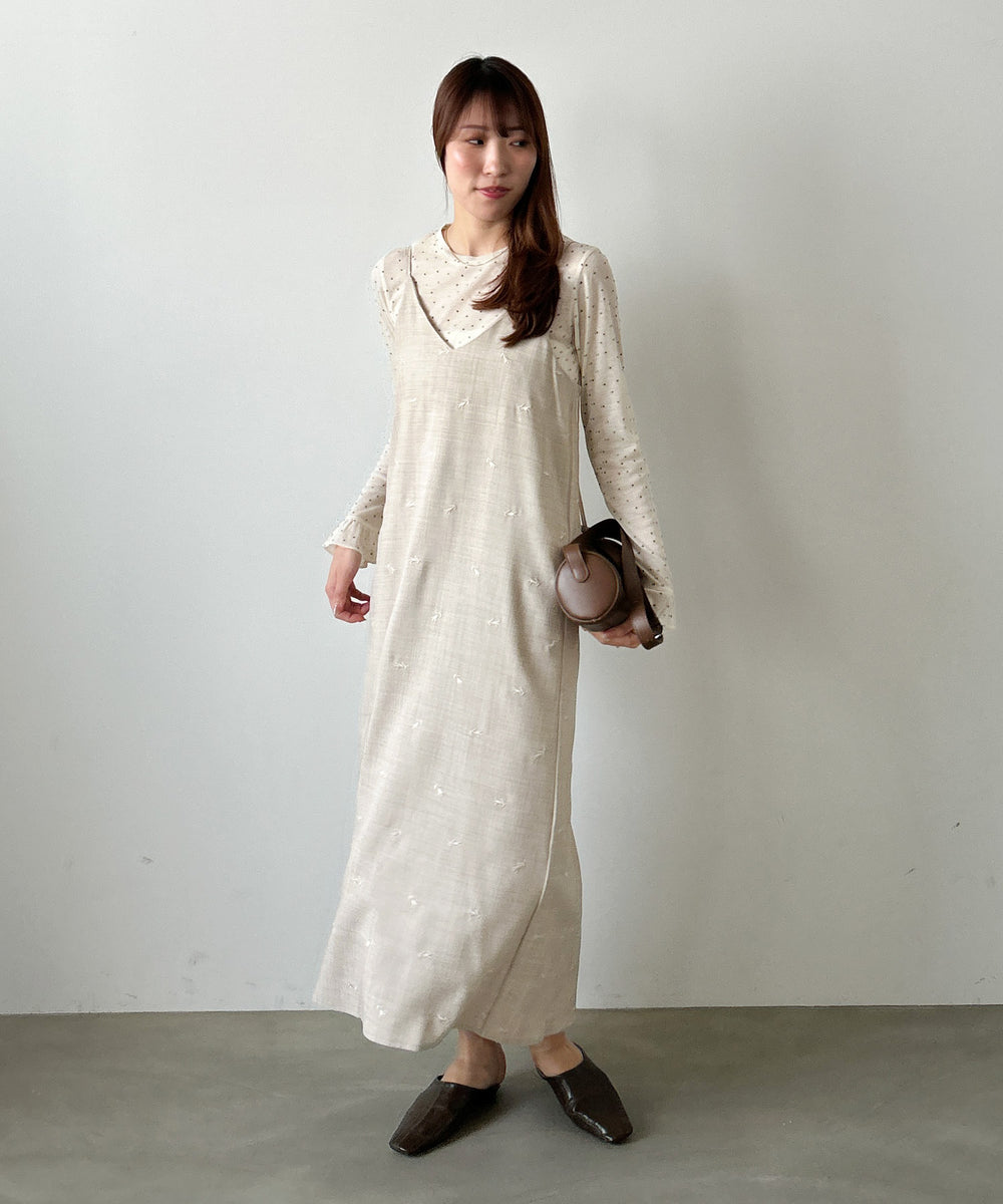 【Dセット】秋のコーデセット【刺繍バックリボンキャミワンピ&シアードットカットソー】