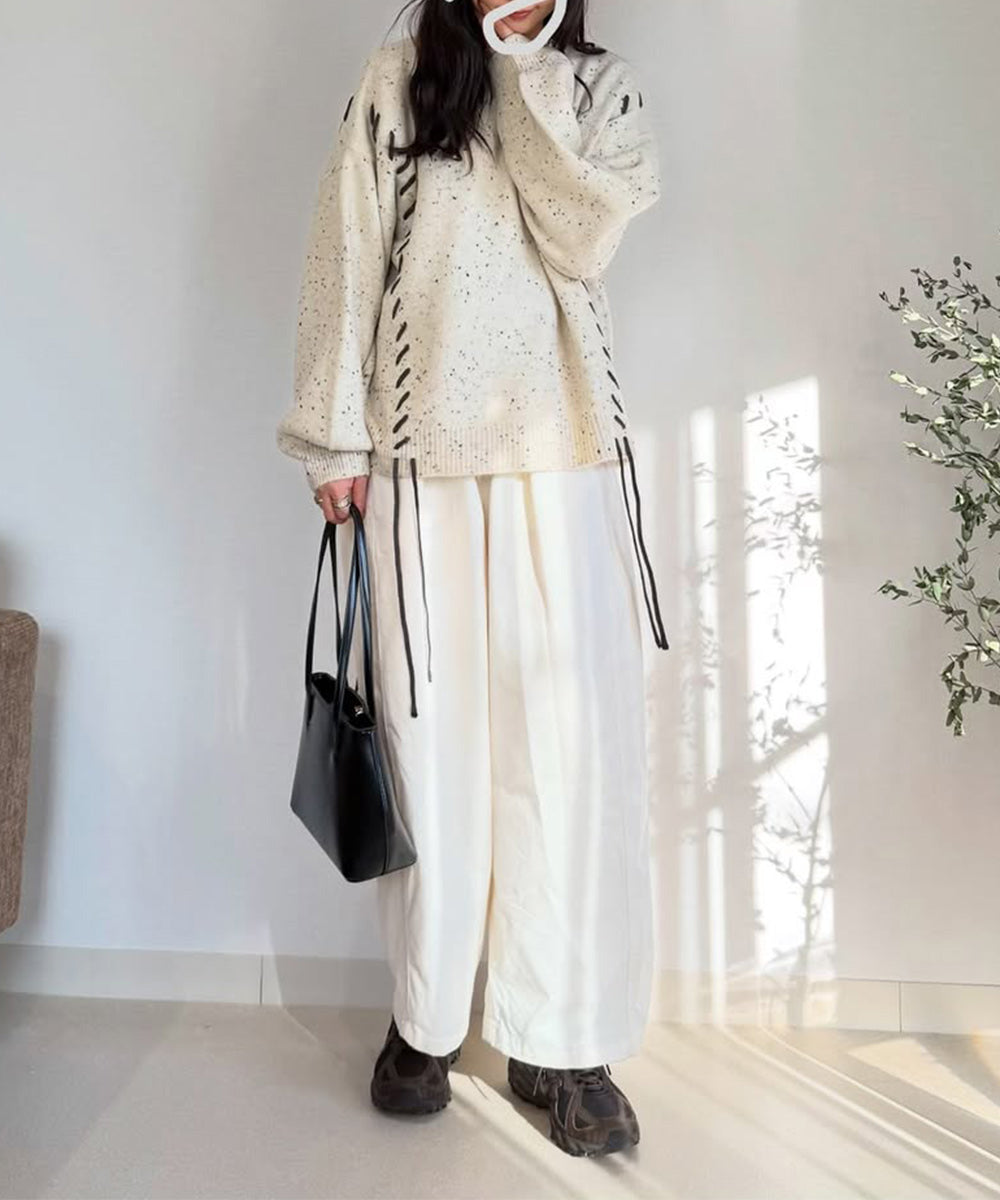 チョコチップ風ネップ 編み上げニットトップス