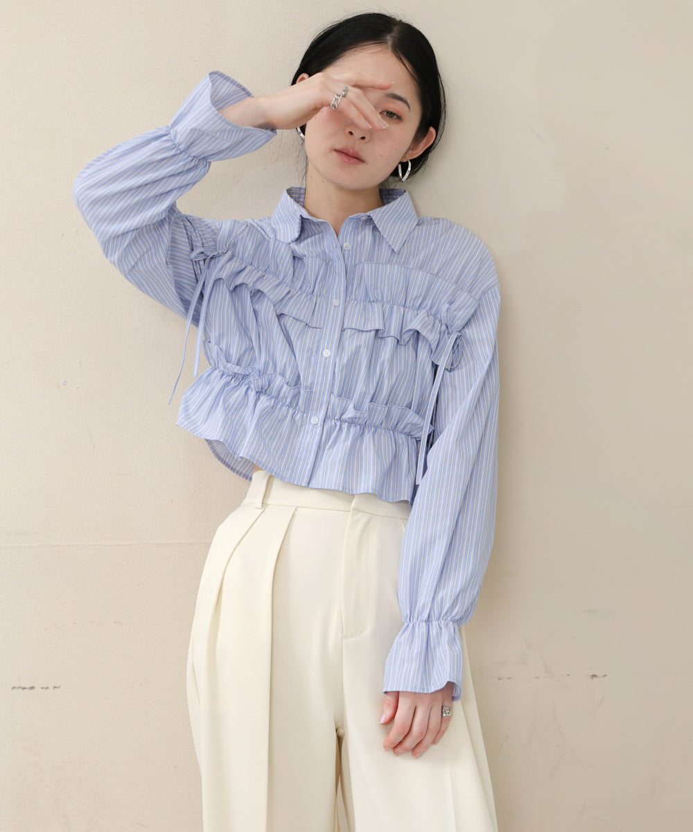 シャーリングリボンショートブラウス