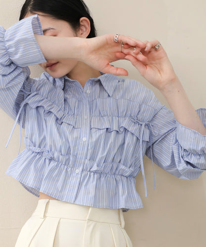 シャーリングリボンショートブラウス