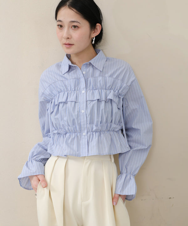 シャーリングリボンショートブラウス