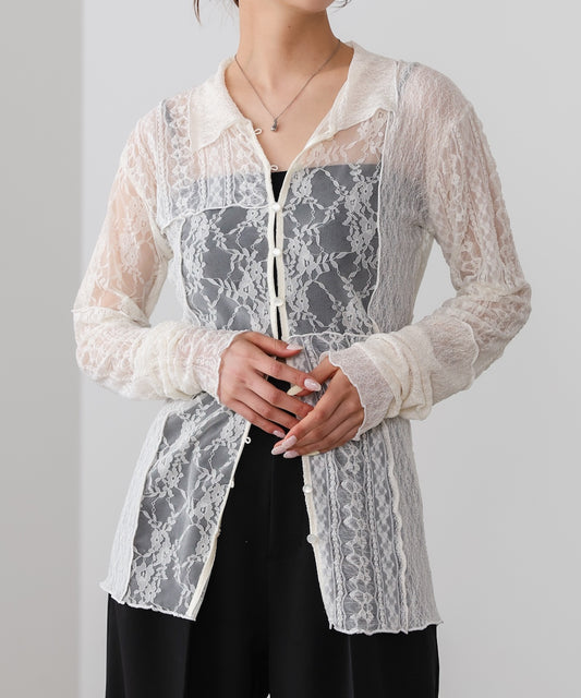 襟付きレースパッチワークシャツ