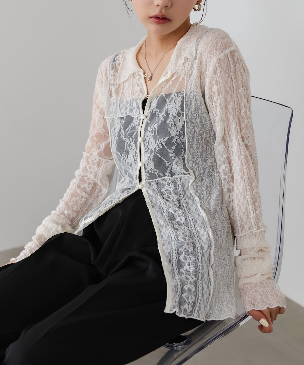 襟付きレースパッチワークシャツ