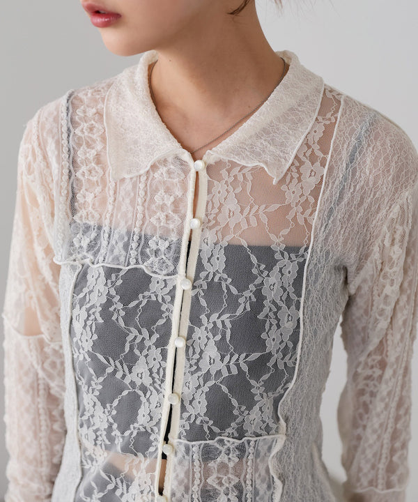 襟付きレースパッチワークシャツ