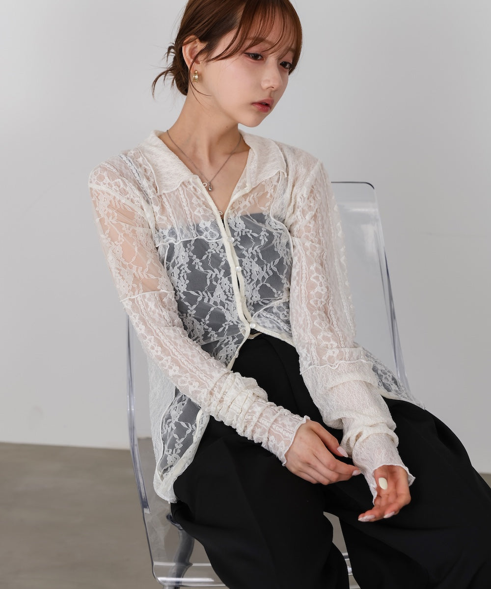 襟付きレースパッチワークシャツ