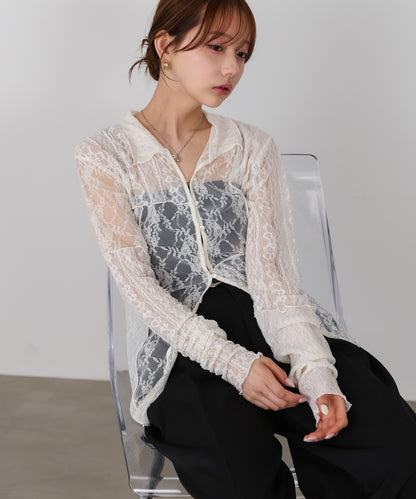 襟付きレースパッチワークシャツ