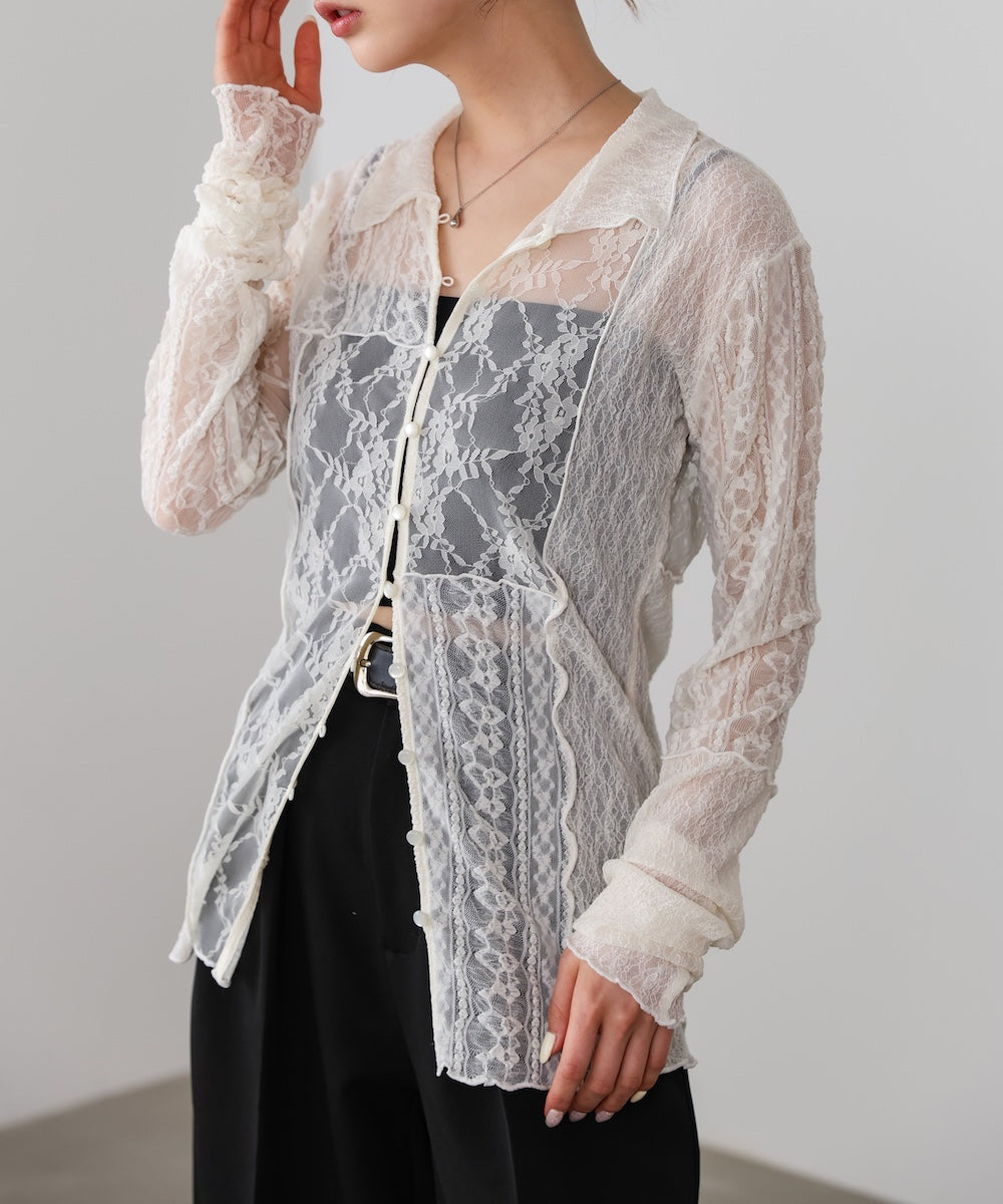 襟付きレースパッチワークシャツ
