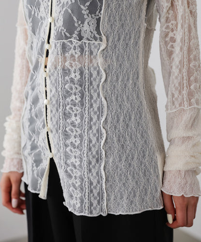 襟付きレースパッチワークシャツ