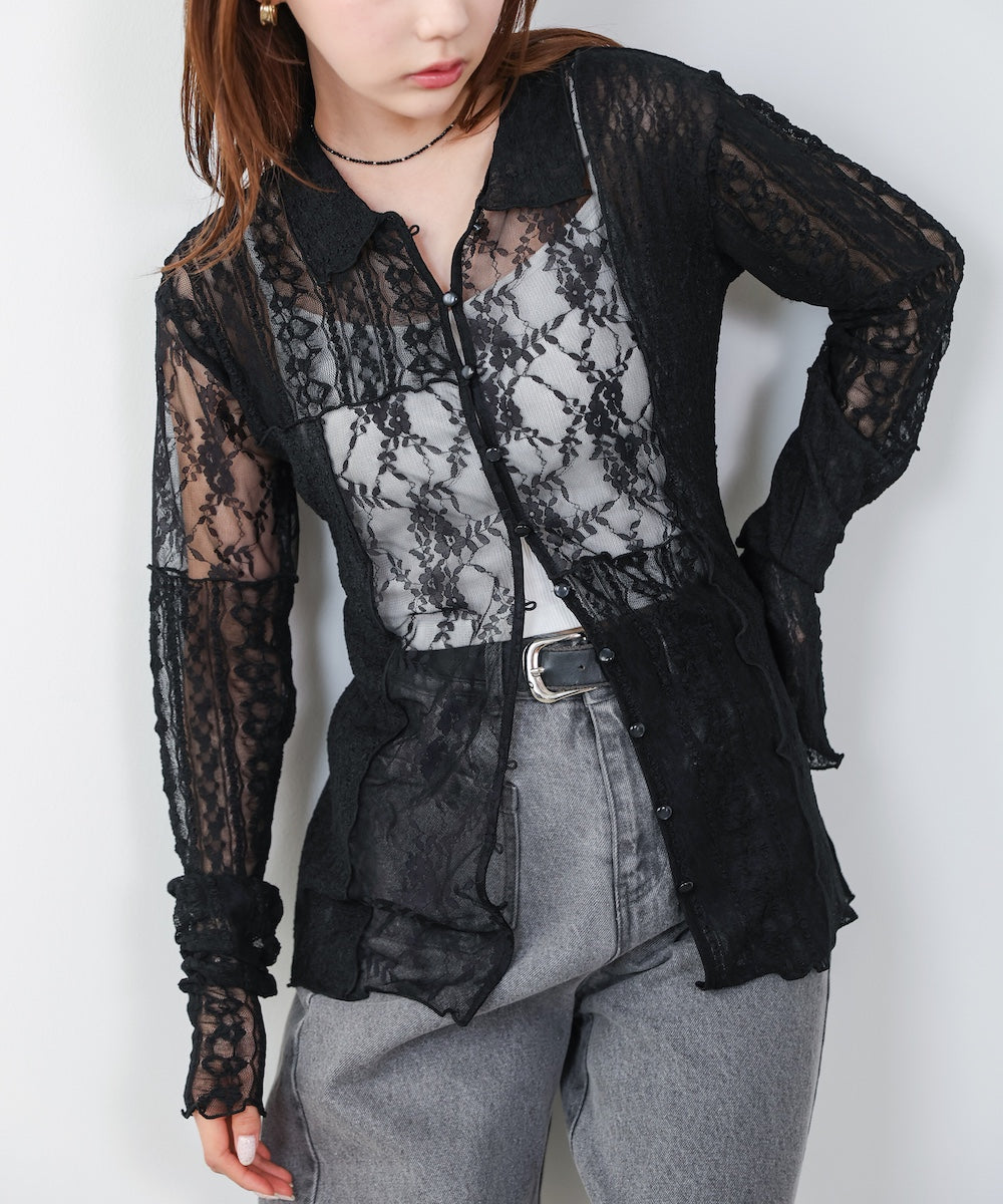 襟付きレースパッチワークシャツ