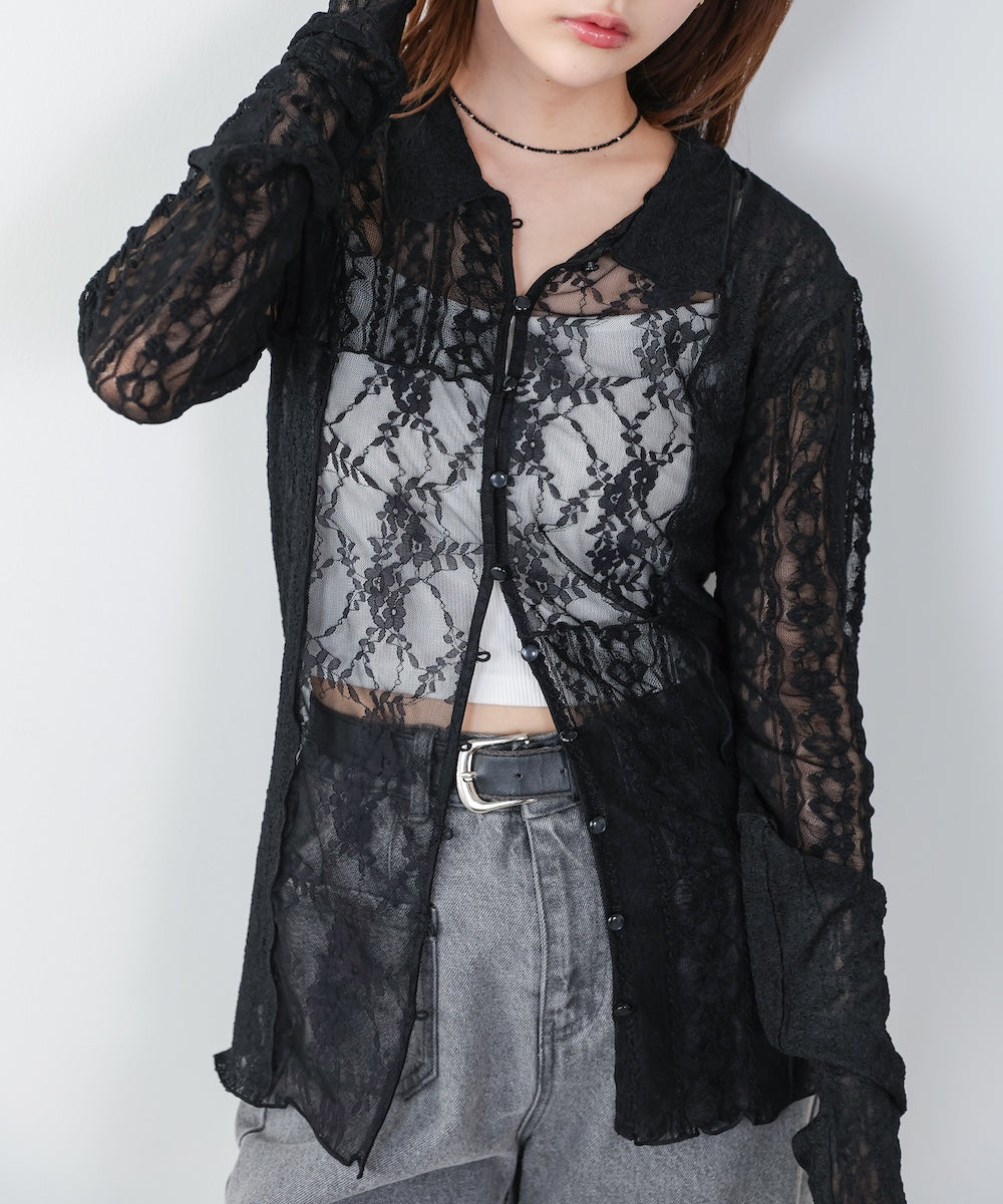 襟付きレースパッチワークシャツ