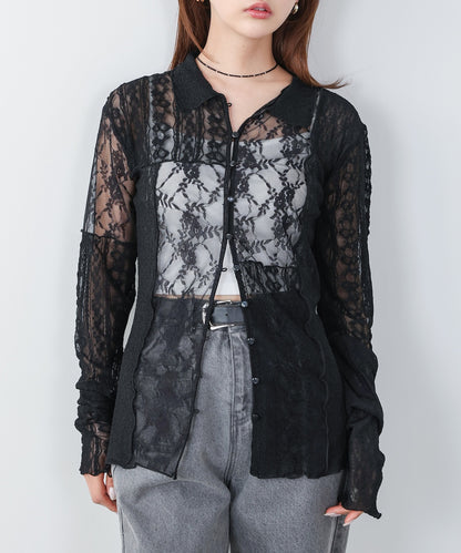 襟付きレースパッチワークシャツ