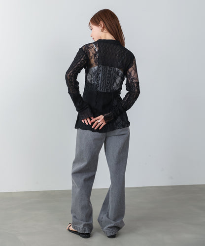 襟付きレースパッチワークシャツ