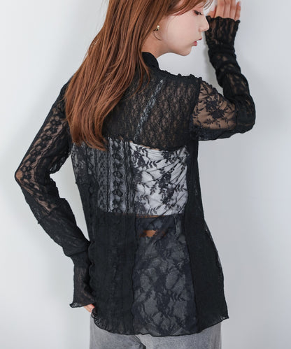 襟付きレースパッチワークシャツ