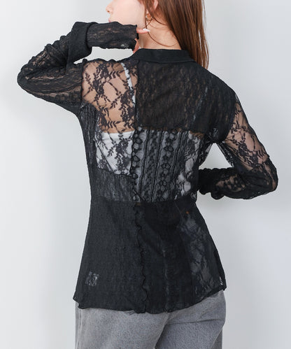 襟付きレースパッチワークシャツ