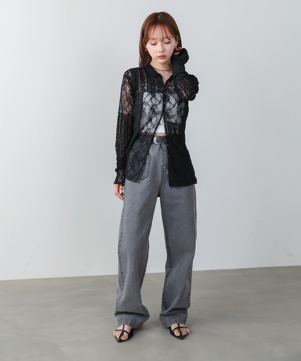 襟付きレースパッチワークシャツ