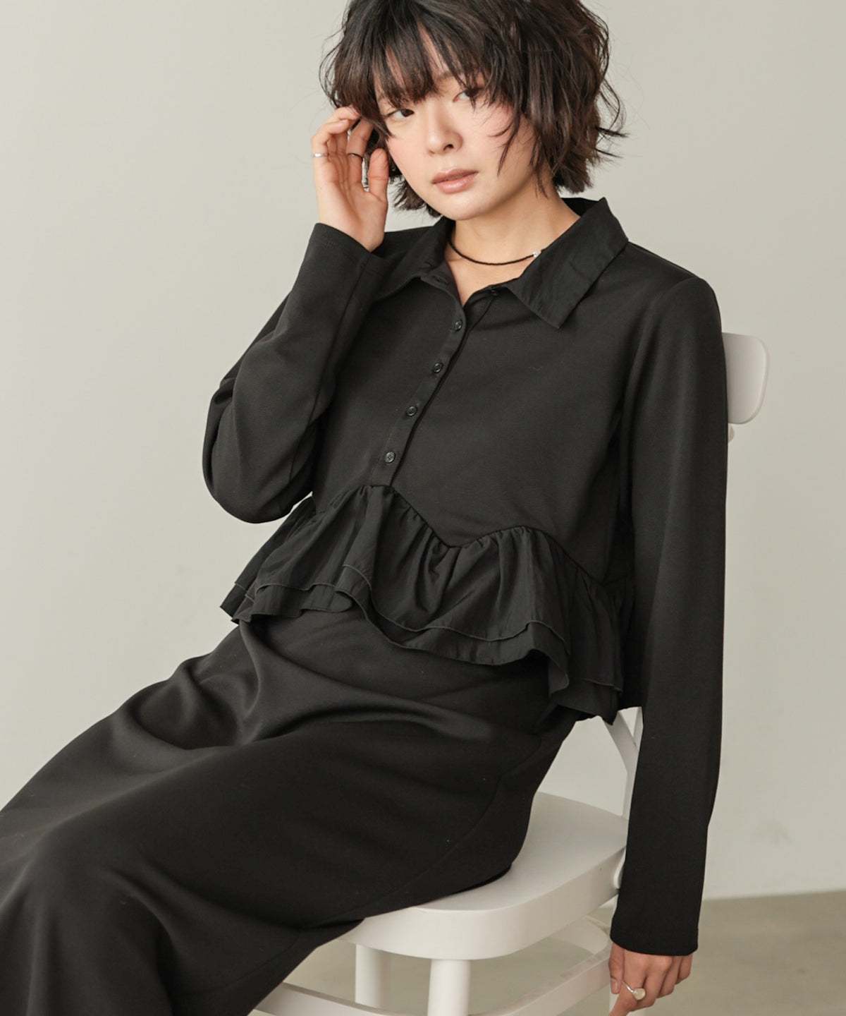 ウエストフリル襟付きカットワンピース