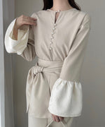 SLEEVE FLARE JACQUARD BLOUSE