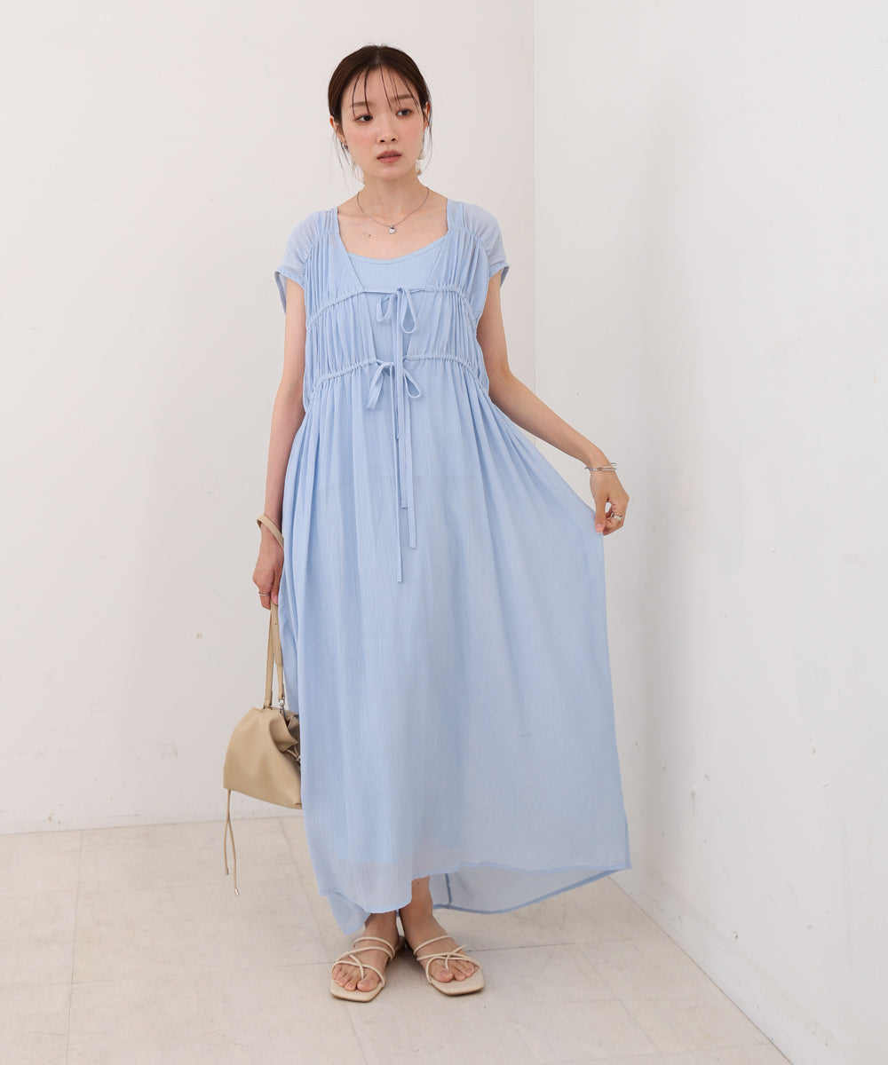 【S・Mサイズ展開】Ｖネックギャザーリボンワンピース