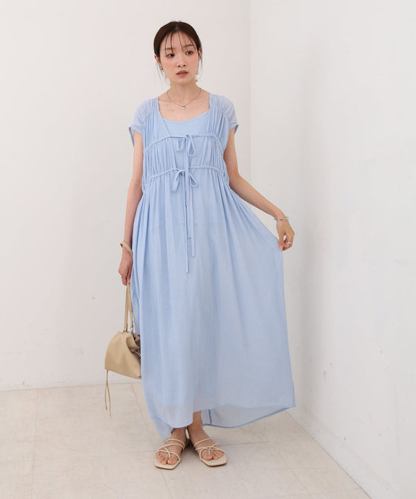【S・Mサイズ展開】Ｖネックギャザーリボンワンピース