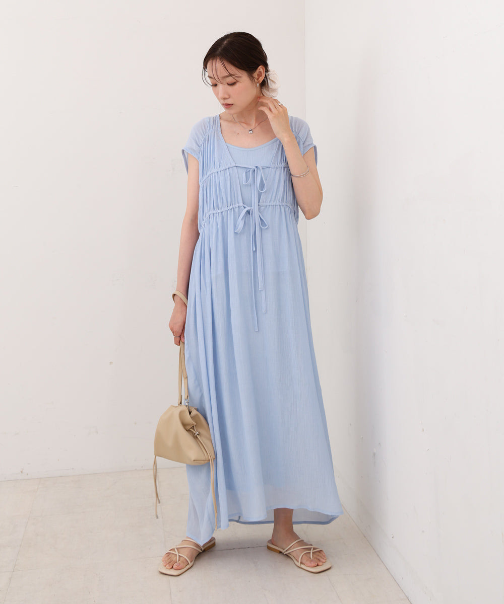 【S・Mサイズ展開】Ｖネックギャザーリボンワンピース