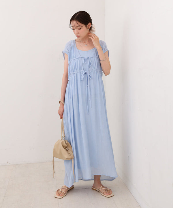 【S・Mサイズ展開】Ｖネックギャザーリボンワンピース