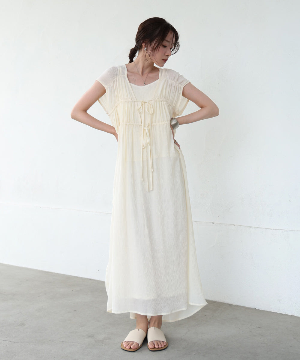 【S・Mサイズ展開】Ｖネックギャザーリボンワンピース
