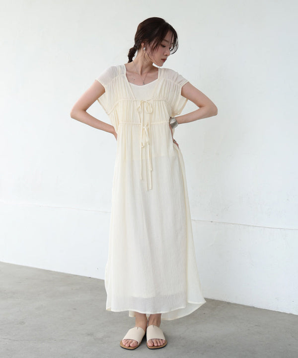 【S・Mサイズ展開】Ｖネックギャザーリボンワンピース