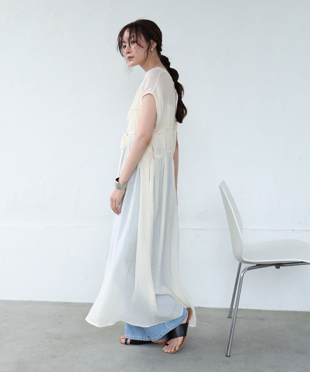 【S・Mサイズ展開】Ｖネックギャザーリボンワンピース