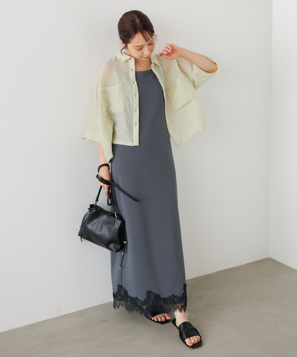 【夏のコーデセットC】裾レース付きキャミワンピース＆シアーショートシャツブラウス SET