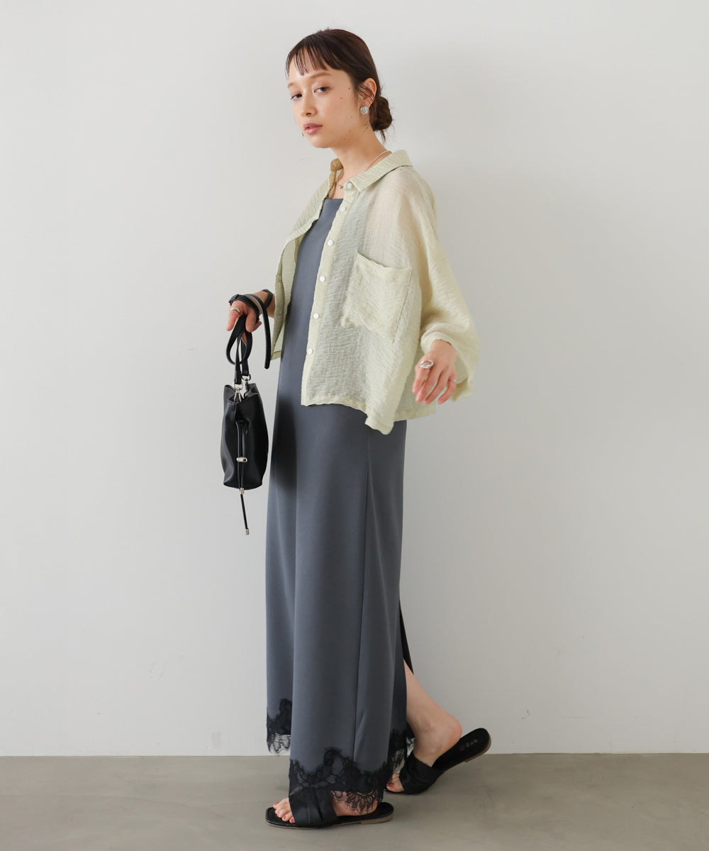 【夏のコーデセットC】裾レース付きキャミワンピース＆シアーショートシャツブラウス SET