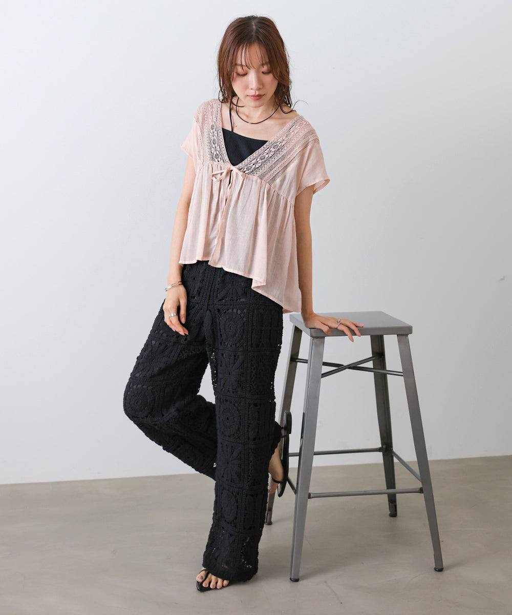 【夏のコーデセットD】レースコンビフロントリボンブラウス＆クロシェパンツ SET