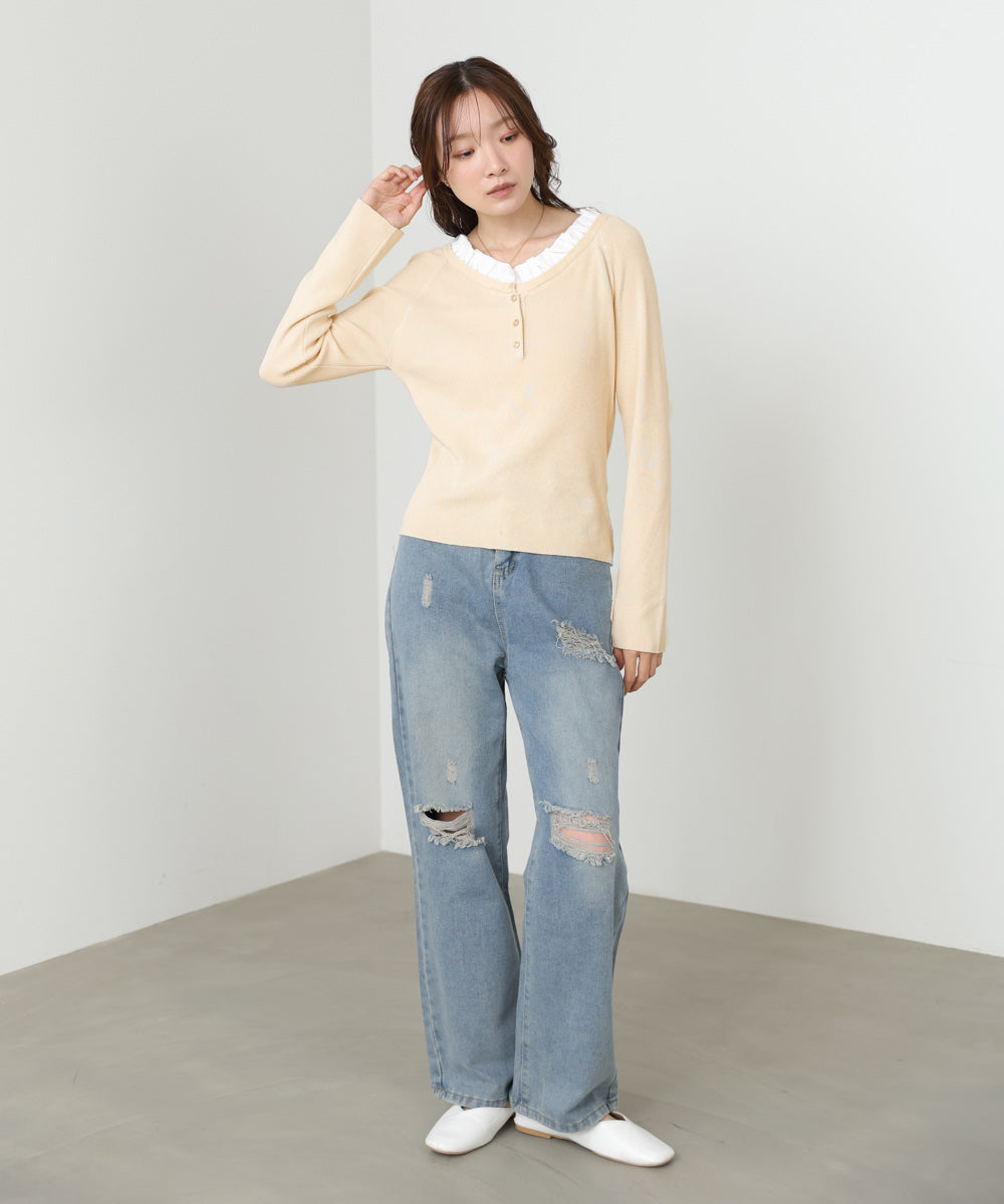 衿フリルニットトップス