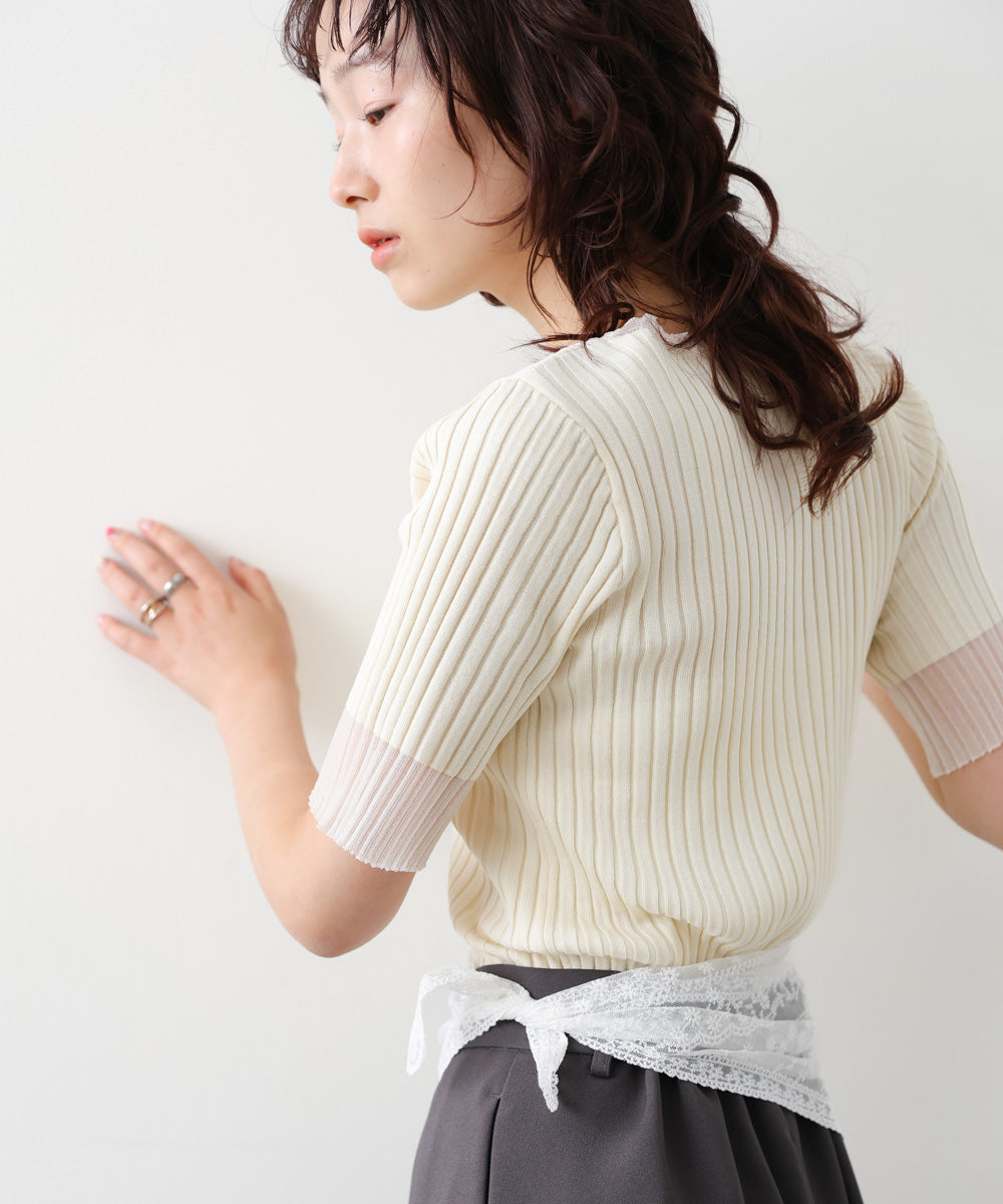 シアー使い5分袖リブニットトップス