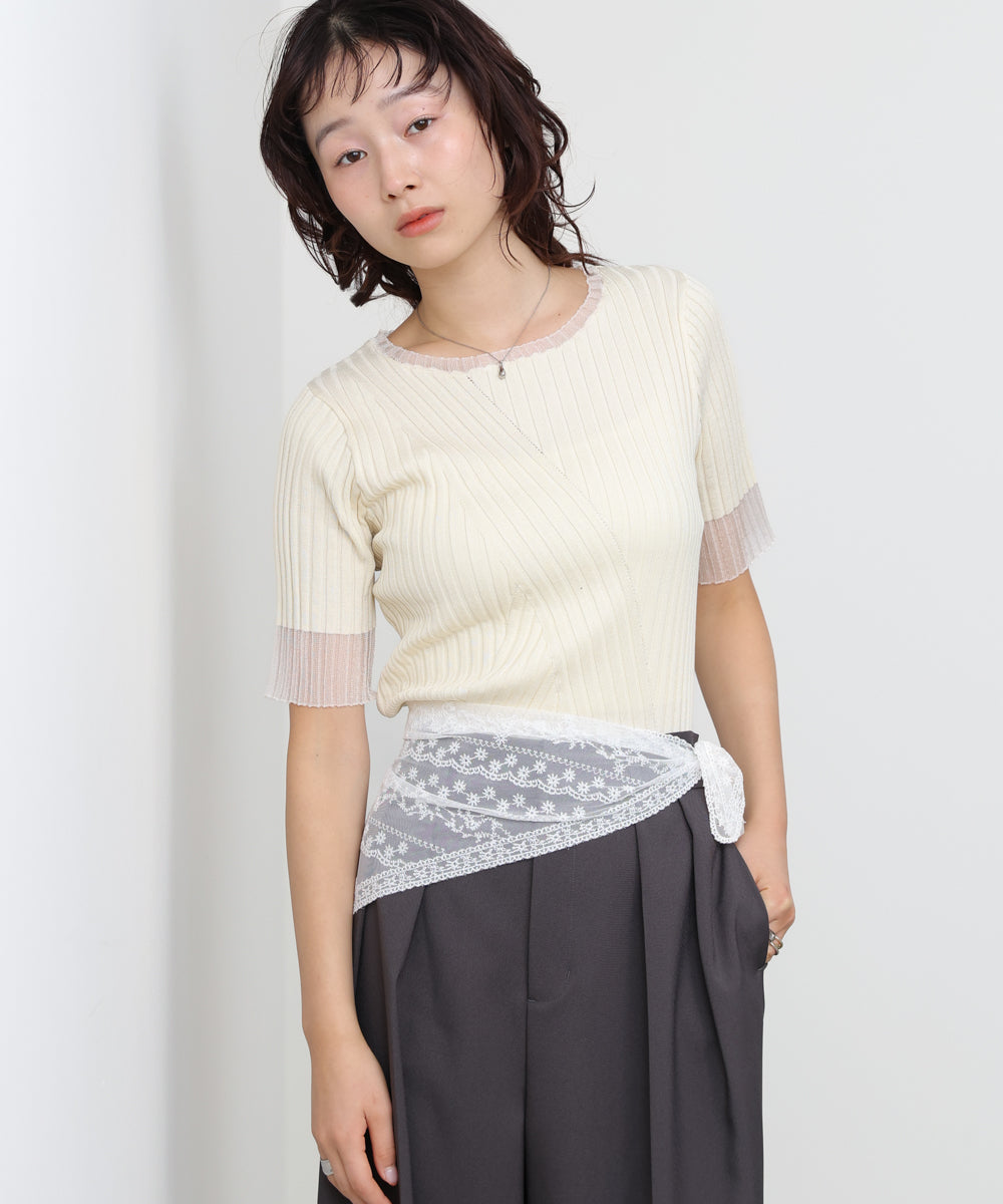 シアー使い5分袖リブニットトップス