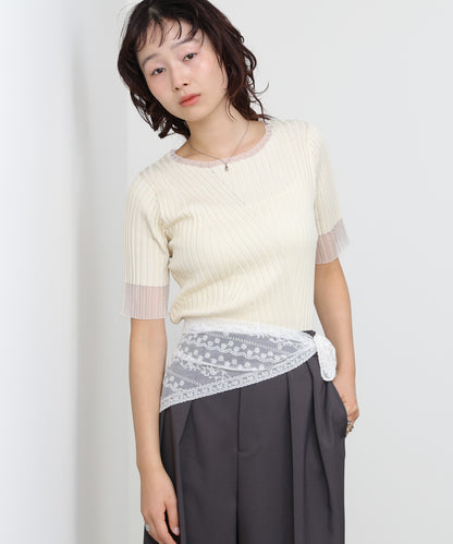 シアー使い5分袖リブニットトップス