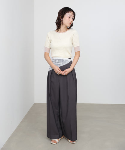 シアー使い5分袖リブニットトップス