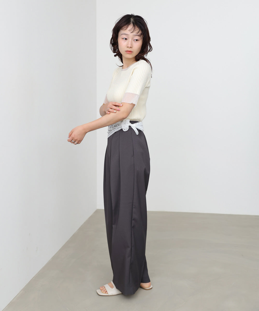 シアー使い5分袖リブニットトップス