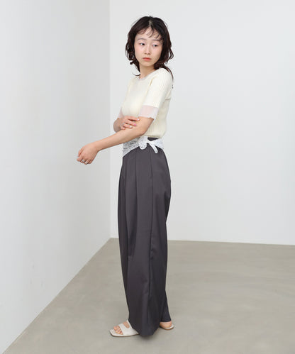 シアー使い5分袖リブニットトップス