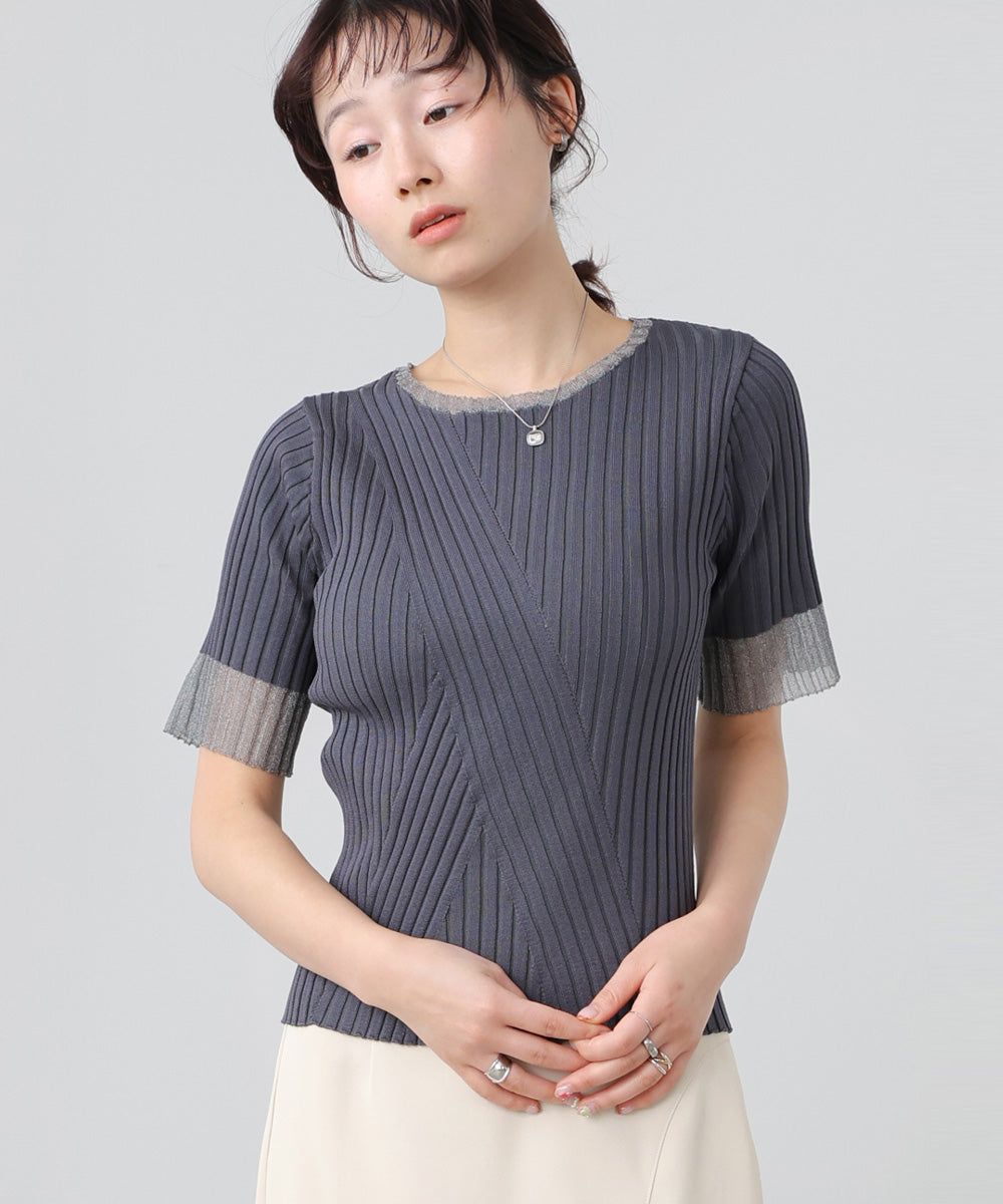 シアー使い5分袖リブニットトップス