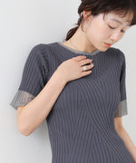 シアー使い5分袖リブニットトップス