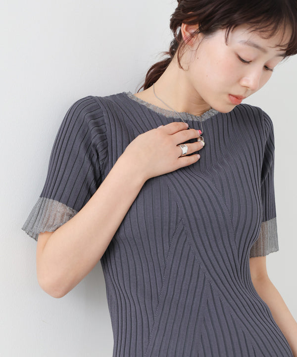 シアー使い5分袖リブニットトップス